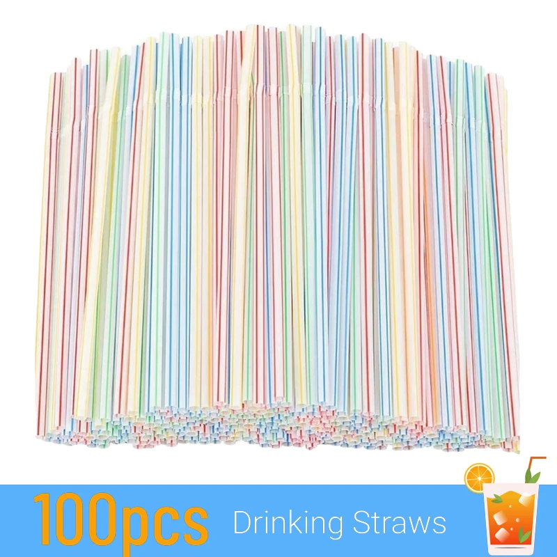 

100Pcs Disposable Elbow Plastic Straws For Kitchen Utensils Bar Party Drink Accessories Striped Bendable Cocktail Straws