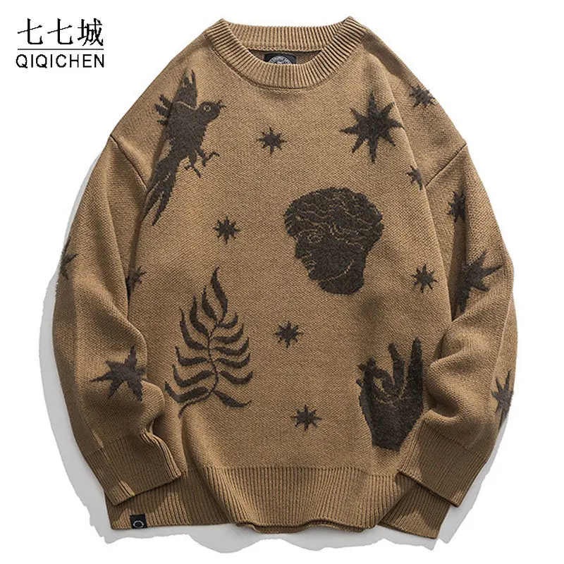 

Вязаный пуловер в стиле Харадзюку для мужчин и женщин, свитеры с художественным портретным принтом, Модный повседневный свободный свитер, джемперы, уличная одежда на осень и зиму