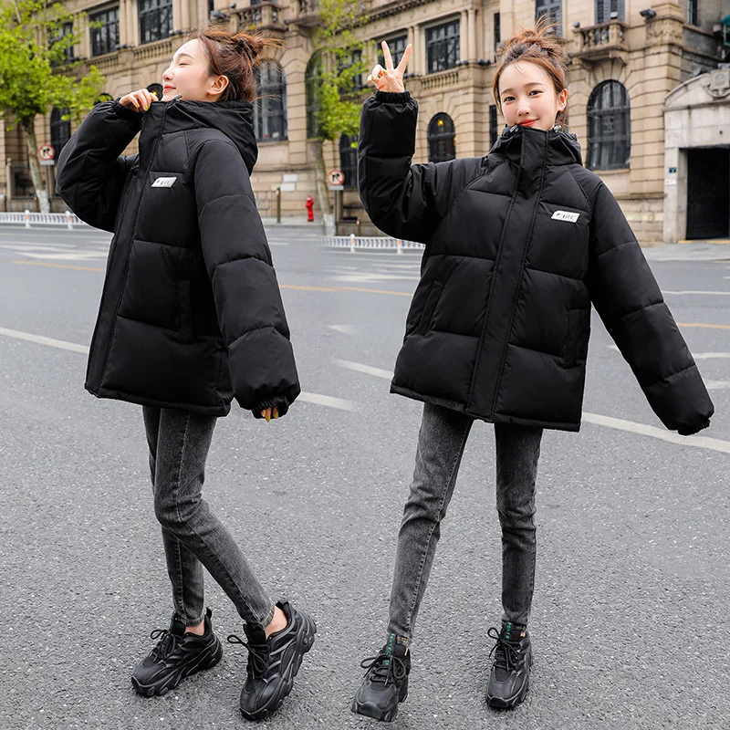 2022 Women's Winter Jacket Streetwear Hooded Solid Color Padded Coat Warm Female Parkas Black Winter Women Clothing