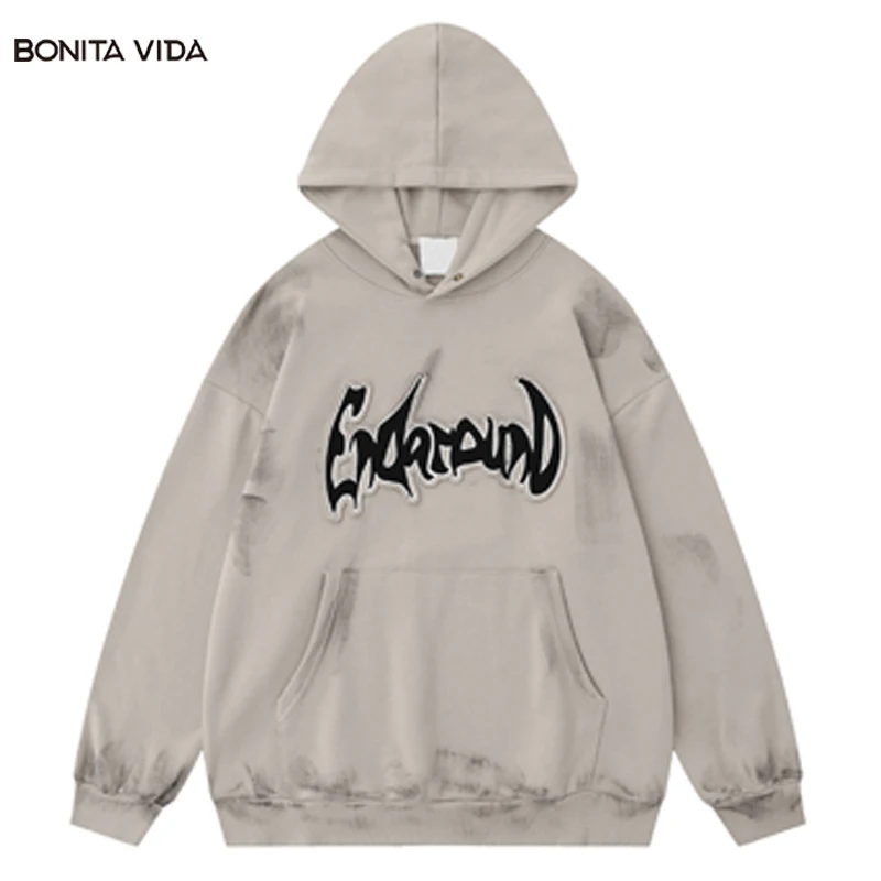 

Винтажная мужская толстовка с капюшоном в стиле гранж, хип-хоп, ретро, с вышивкой, искусственная краска, толстовка с капюшоном 2023, Свободный пуловер в стиле Харадзюку, уличная одежда