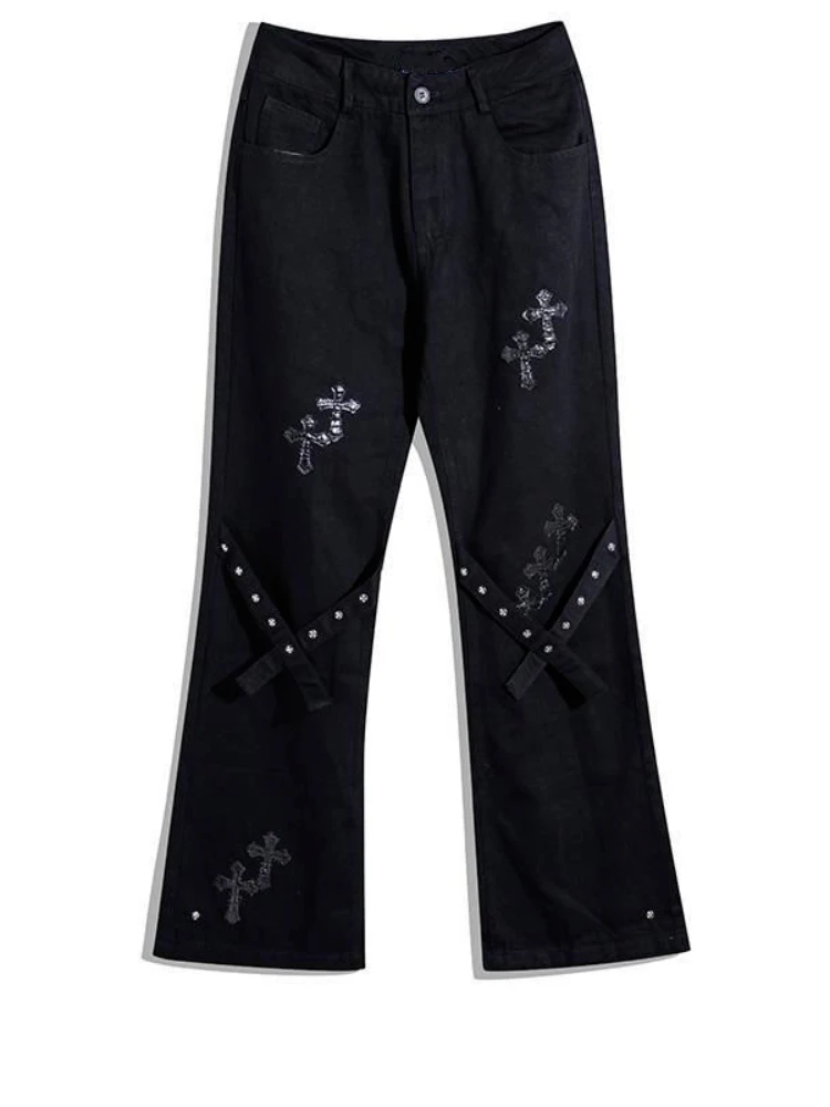 

Женские джинсы с широкими штанинами QWEEK, готические темные черные джинсовые брюки в стиле High Street, повседневные брюки в стиле панк с перекрестными штанинами