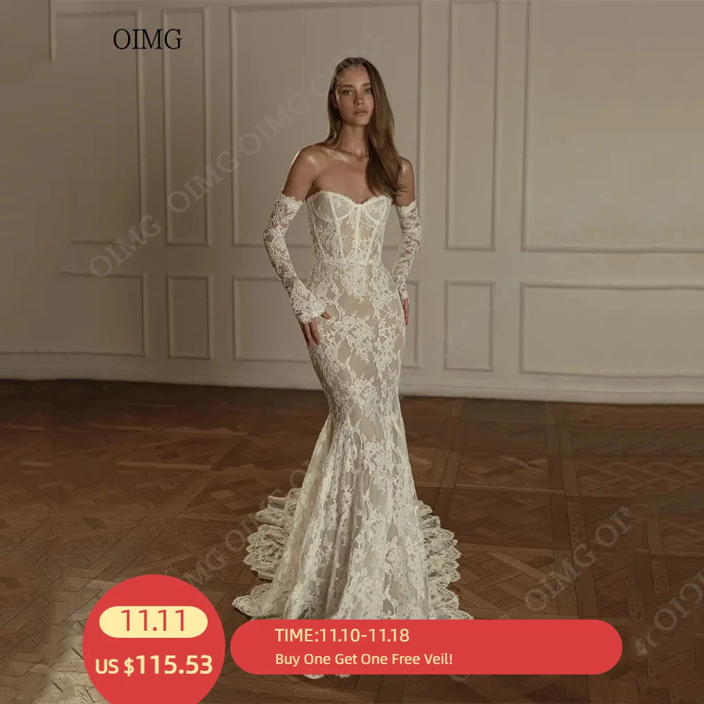 OIMG пляжные кружевные свадебные платья для невесты съемные с длинными рукавами