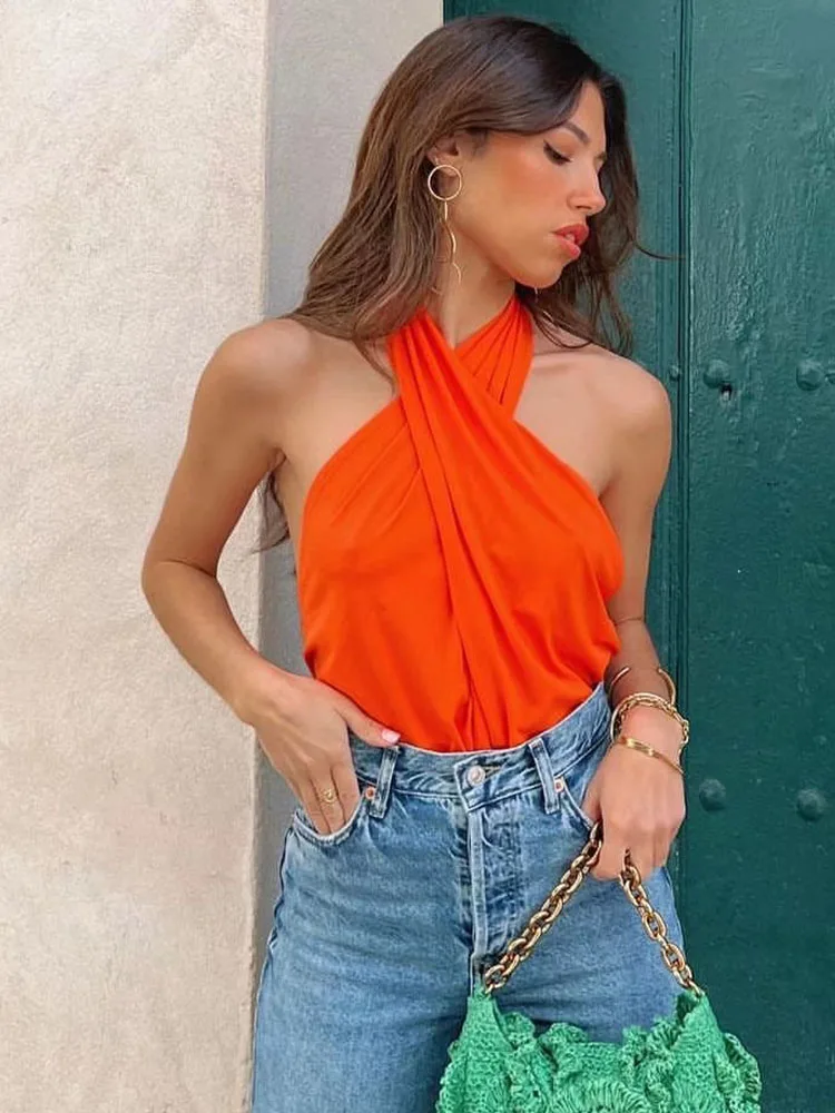 

PB&ZA Women 2022 summer New Chic Fashion orange cross halter neck backless Playsuits Vintage Female Short Jumpsuits Mujer
