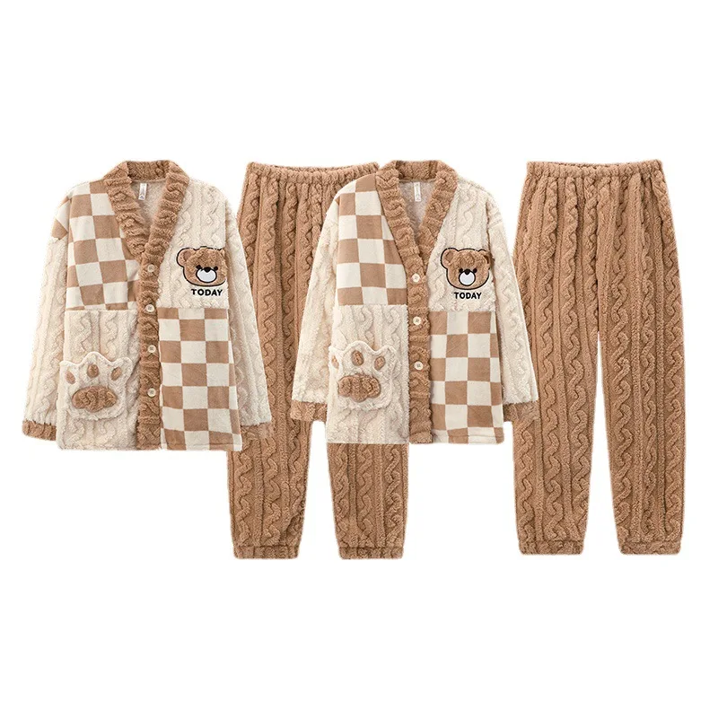 2022 new couples pajamas winter flannel and fleece thickened couples pajamas set fashion cardigan coral fleece home wear set