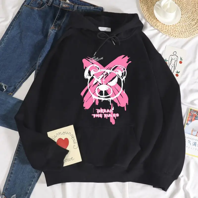 Повседневная женская пуловерная толстовка с капюшоном и принтом медведя