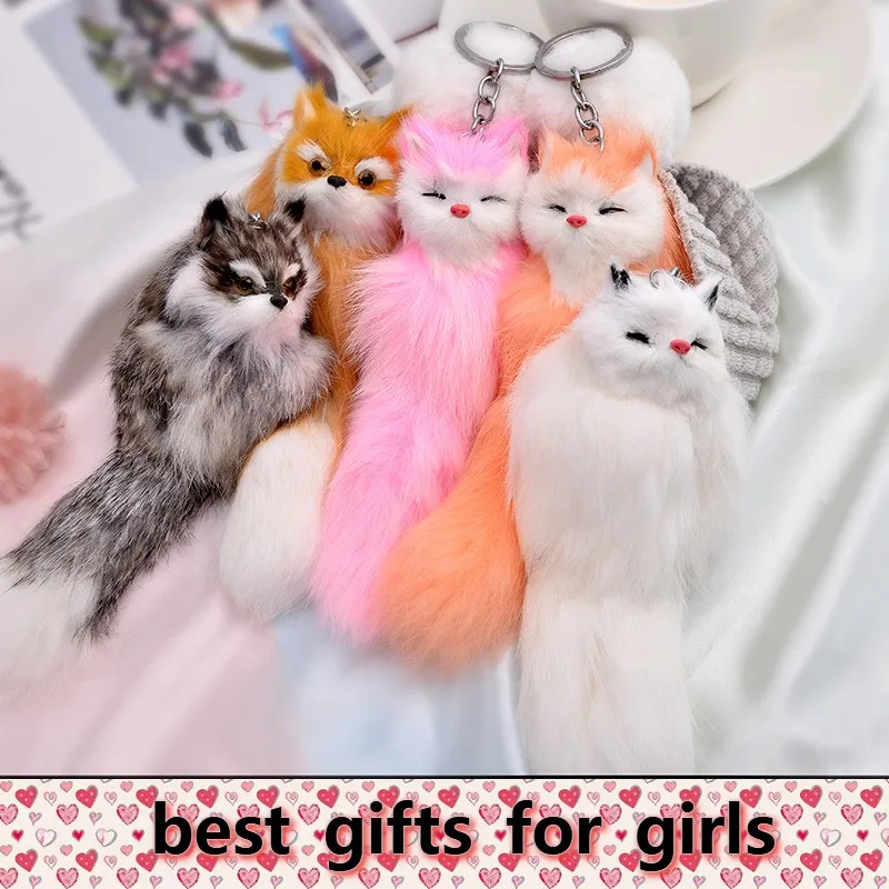 

Fluffy Animal Cartoon Fox Keychain Cute Pendant Car Key Ring Chains Holder Bag Purse Ornament Women Jewelry Charm Keyring Gifts