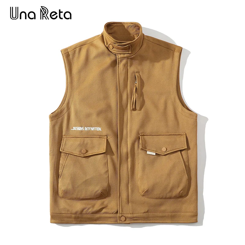 

Una Reta Hip Hop Vest Spring Autumn New Men Clothing Sleeveless Stand Collar Multi-Pocket Men's Jackets Streetwear Vest Coat