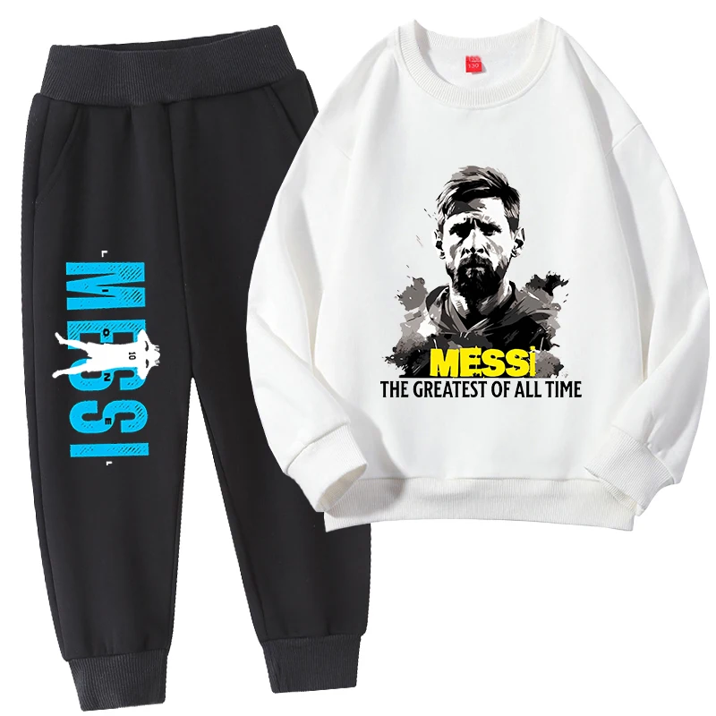 

Messi printed children's clothing children's thin sweatshirt set white tops and pants 2-piece set universal for boys and girls