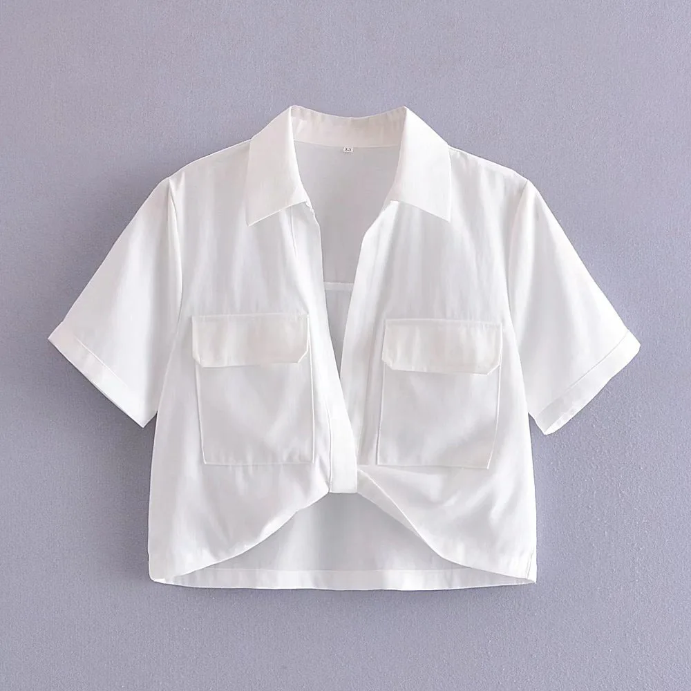 

2022 women's summer hot style linen blend tailored shirts Fashionable lapel pockets with temperament cropped tops