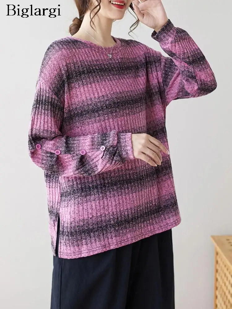 

Oversized Autumn Pullover Knitted Tops Women Striped Print Long Sleeve Ladies Blouses Fashion Casual Loose Woman Top 2023