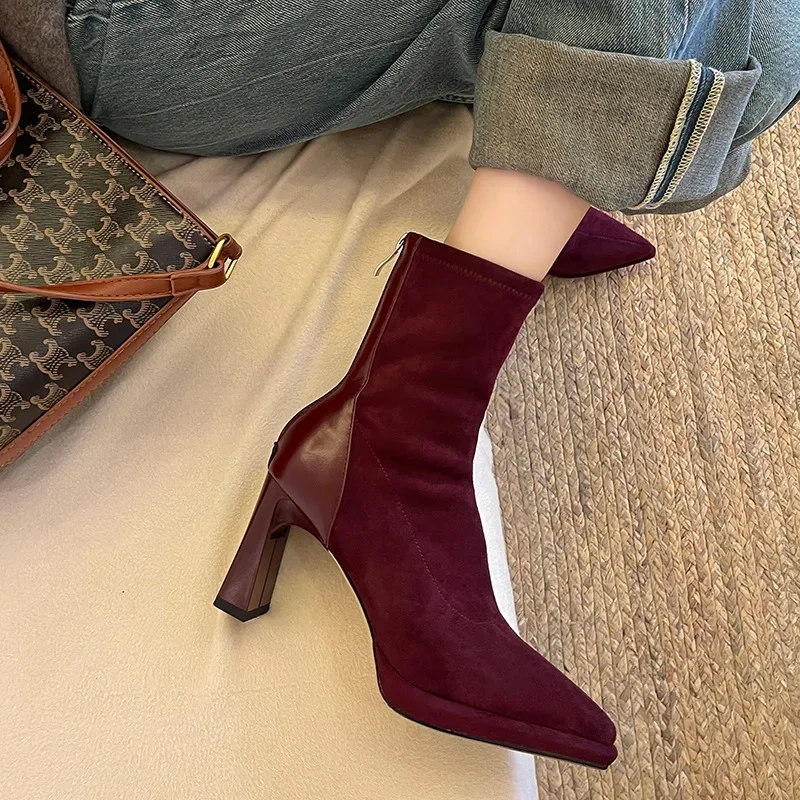 Женские эластичные ботинки винно-красного цвета в стиле ретро с острым носком