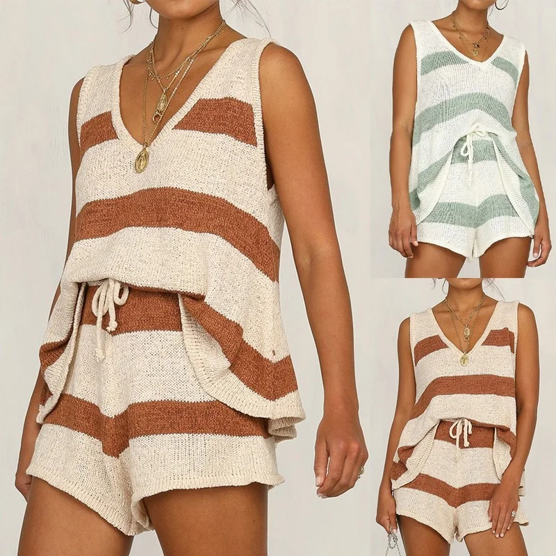 Women Summer Knitted Two Piece Sets Tracksuit Sexy V Neck Sleeveless Tops and Shorts Striped Print Suits New Homewear Beachwear