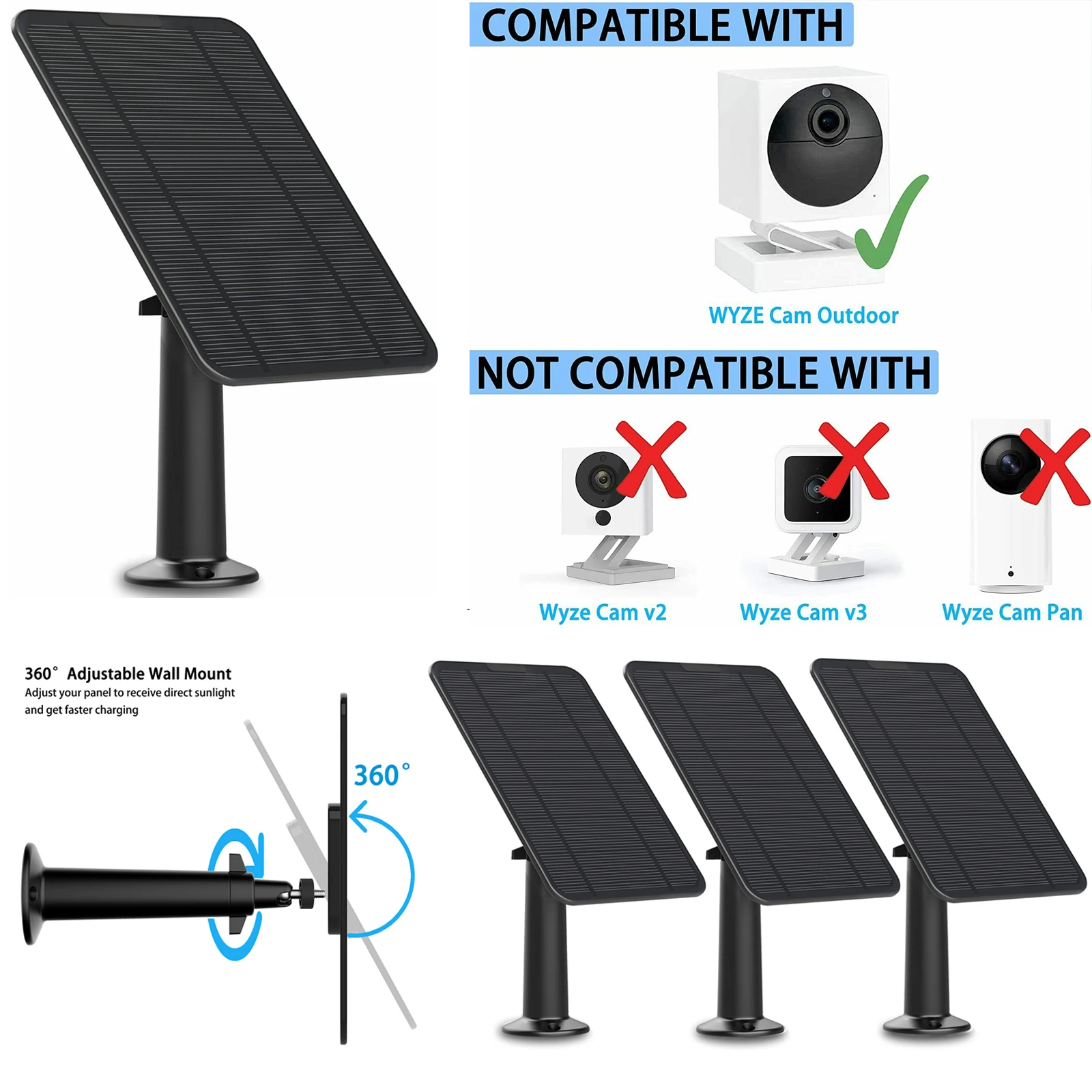 

Solar Panel for WYZE Cam Outdoor,4W 5V Output Weatherproof,13ft Power Cable (black)