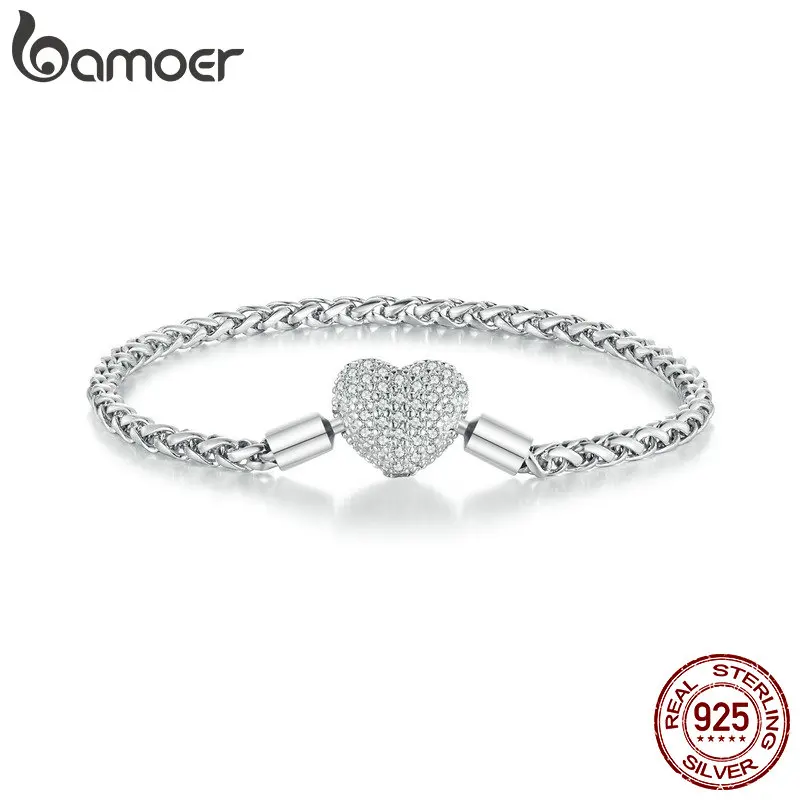 

Bamoer 925 Sterling Silver Punk Style Braided Silver Chain Link Heart-Shaped Buckle Basic Bracelet Pave Setting CZ for Women