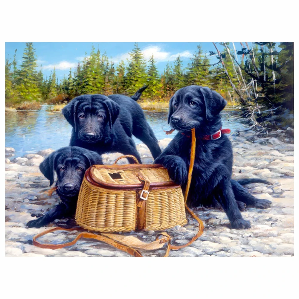 

Бриллиантовая живопись, набор из трех черных собак с животными, квадратная/круглая Алмазная вышивка, мозаика, картина Закрытая