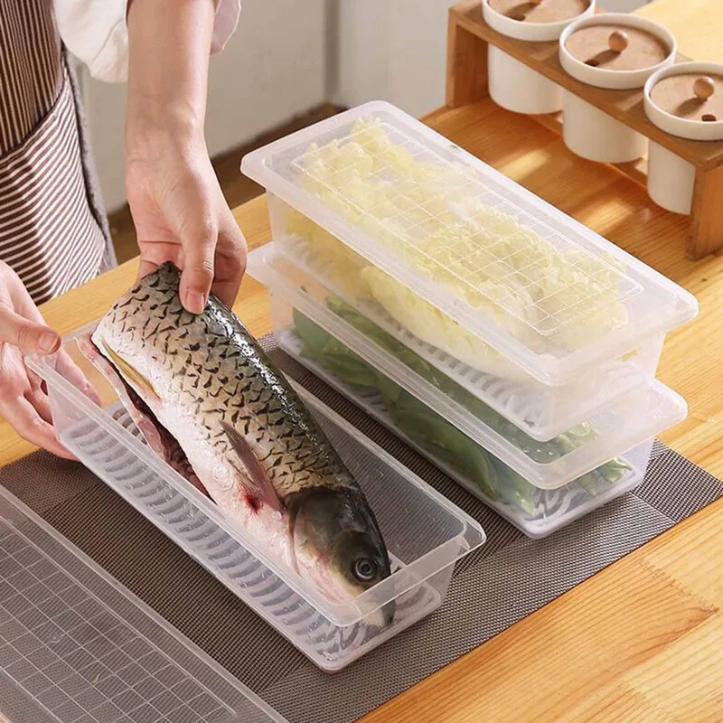 

Refrigerator Organizer Trays Fresh Storage Box Containers Fruits Vegetables Drain Containers Storage Baskets Fish Meat Organizer