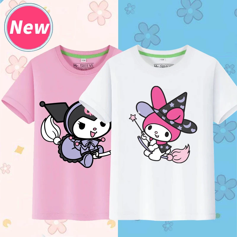 

Sanrio Anime Parent-child Short-sleeved Pure Cotton Kawaii Kuromi New My Melody Couple Outfit Summer Color T-shirt Gift