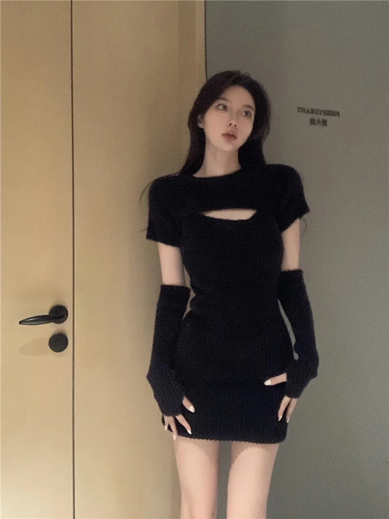 

Черное Трикотажное женское осеннее модное темпераментное ажурное платье с длинным рукавом, пикантное облегающее мини-платье