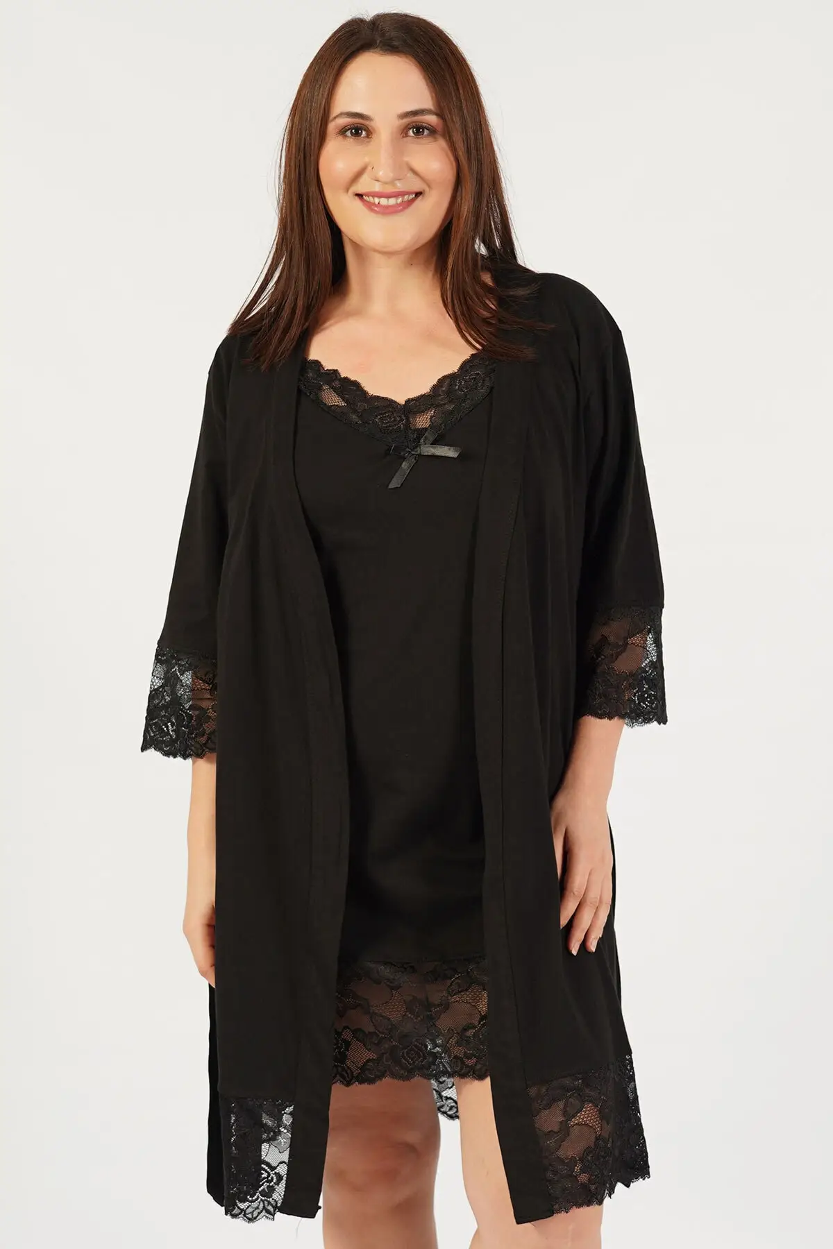 

Dressing Gown Cotton Large Size Fakir Sleeve Lace Set Bathrobe Peignoir Kimono Bride Sleepwear Night Gown