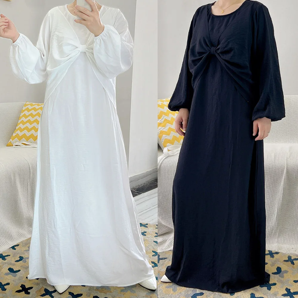 

Under Abaya Modest Dress Women Muslim Knot Front Robe Dubai Islamic Clothing Turkish Kaftan Arabic Musulmane Longue Gown Caftan