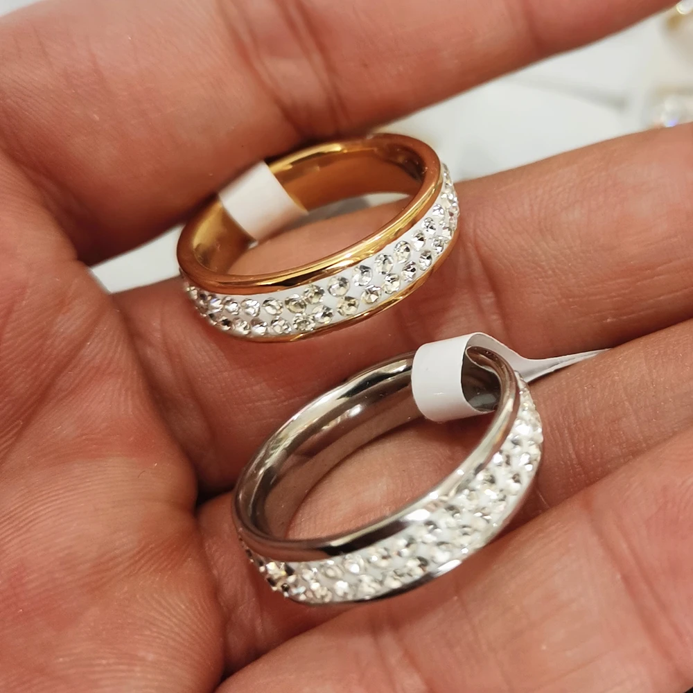 

1PCS Straight Two Row Simple Crystal Rhinestone Wedding Ring For Women Fashion Resin BlingBling Stone Stainless Steel Gold Ring