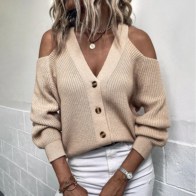 

Sexy Leaky Shoulder Sweater Cardigan Women Single Breasted Crochet Sweater Solid Knitwear 2022 Autumn Winter Pullovers Sweater