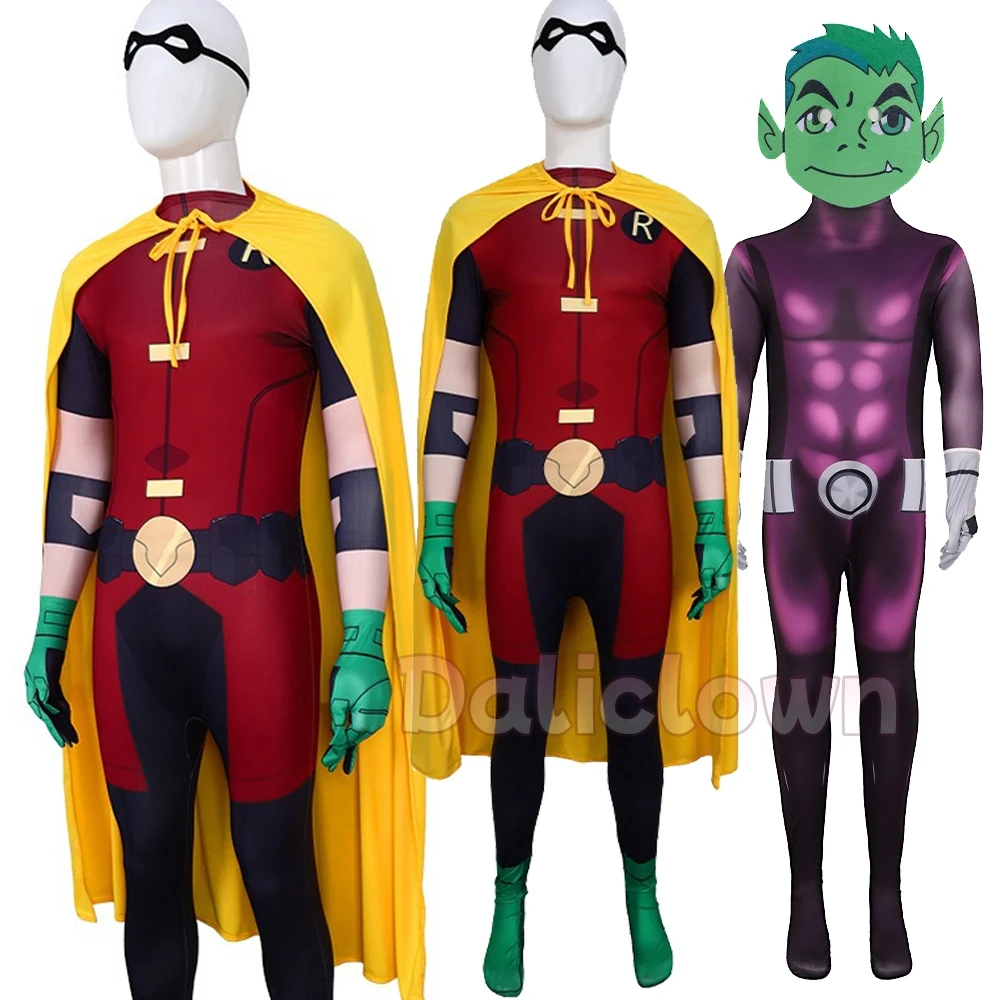 Фото Подросток Тим Дрейк Робин Дамиан Уэйн BeastBoy Косплей Костюм Титаны Летучая Мышь Зверь Комбинезон для мальчиков Зентаи Костюм на Хэллоуин для детей Мужчина №1