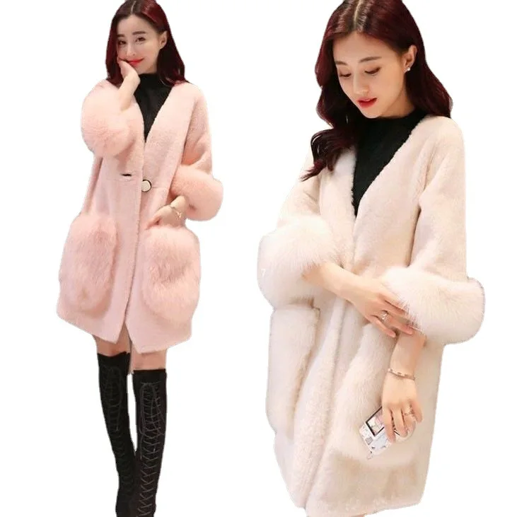 2022 Winter New Artificial Fur Coat for Women, Solid Street Quality Plush Medium Long Slim Warm Coat