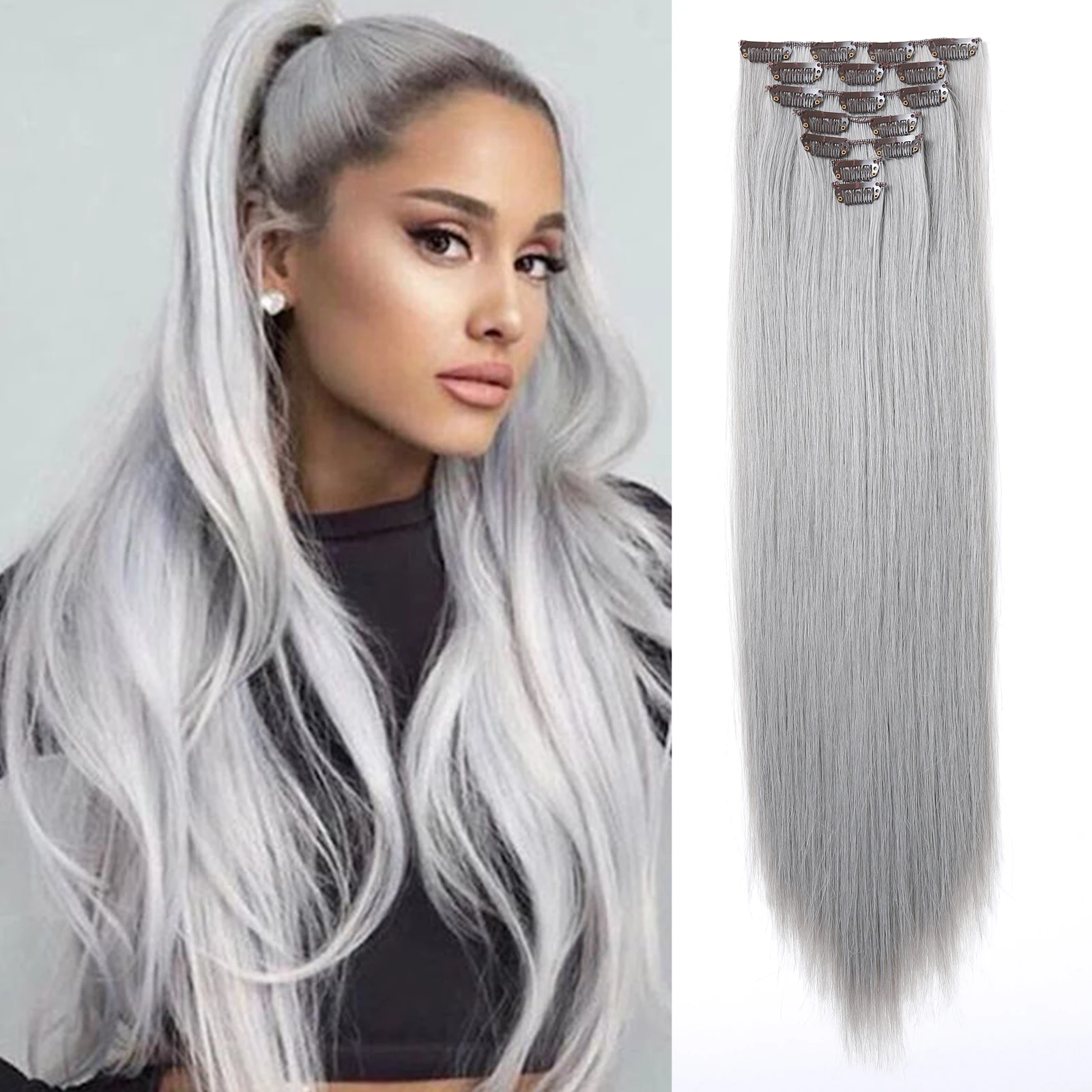 Ash Hair Extension for Women Natural Synthetic Clip in Hair Extensions Grey Long Straight Cosplay Hairpiece Heat Resistant