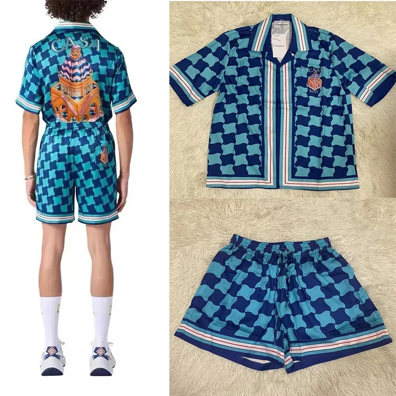 

Casablanca Silk Shirt Checkered Printed Men's And Women's 1:1 Coastal Beach Long Sleeve Shirt