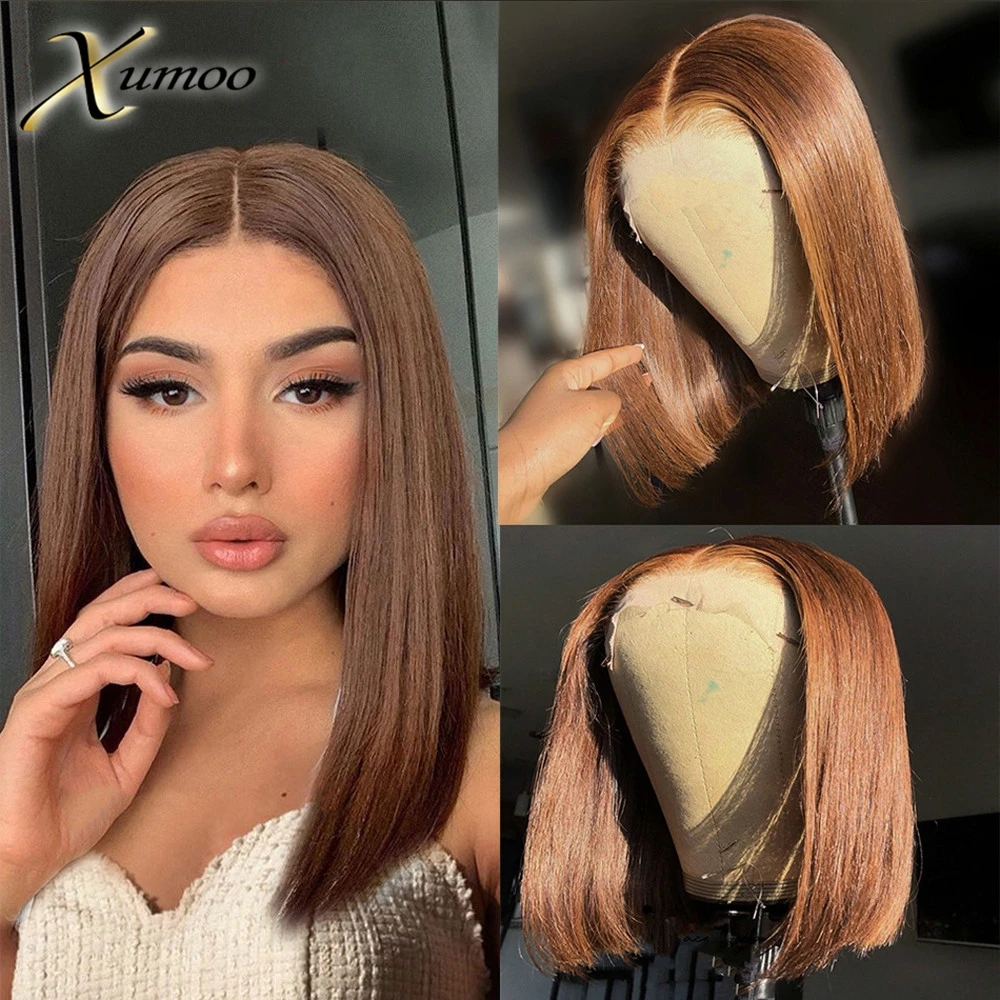 XUMOO Brown Color 13x4 Lace Front Human Wigs Staright Short Bob For Women Brazilian Remy Human Hair Gluelss Wigs with Baby Hair