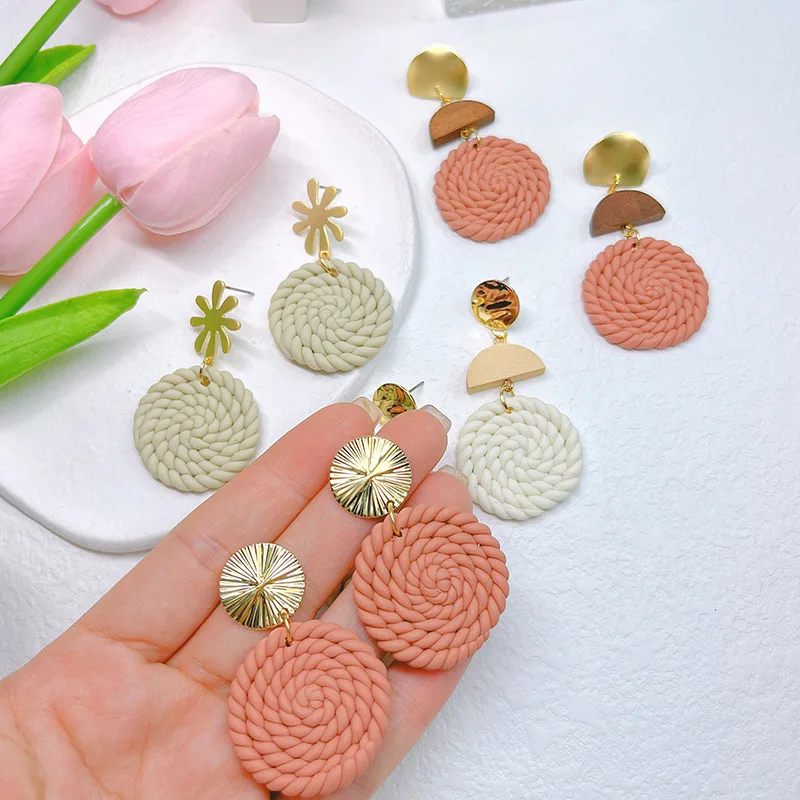 

New Fashion Autumn Polymer Clay Dangle Earrings Solid Metal Pattern Geometric Simple Artistic Retro Trendy Jewelry For Women