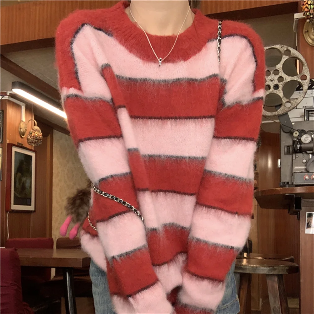 

HziriP OL Women Jumpers Stripes Spring Chic Loose Fashion Gentle Sweet 2023 Knitted All Match Pullovers Slim Warm Sweaters