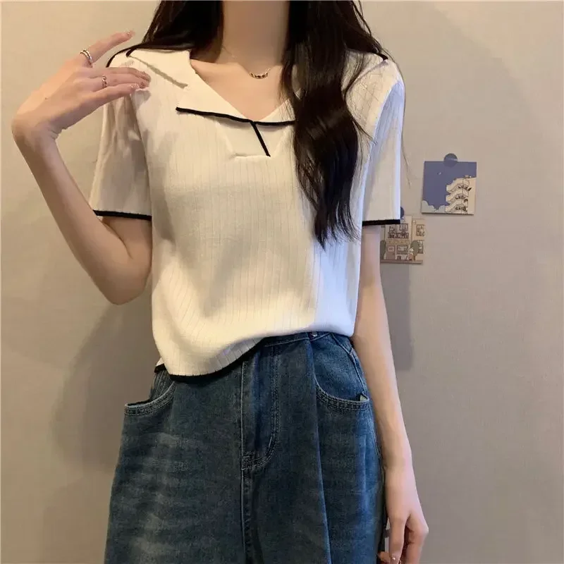 

Футболка женская новая летняя с маленьким ароматизированным дизайном, тонкая белая рубашка в полоску с коротким рукавом