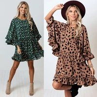 spring and summer new european and american womens fashion leopard print bat long sleeve splicing dress