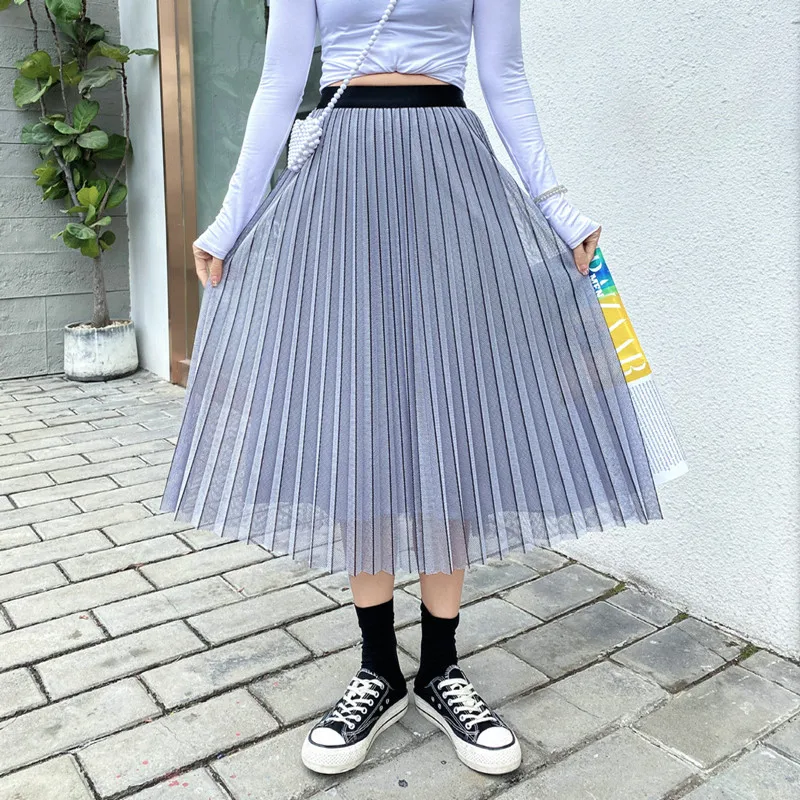 Casual Tulle Skirt Women Fashion Spring Summer Striped Skirt Long Lady All-match Black Beige Mesh Tutu Skirts Female