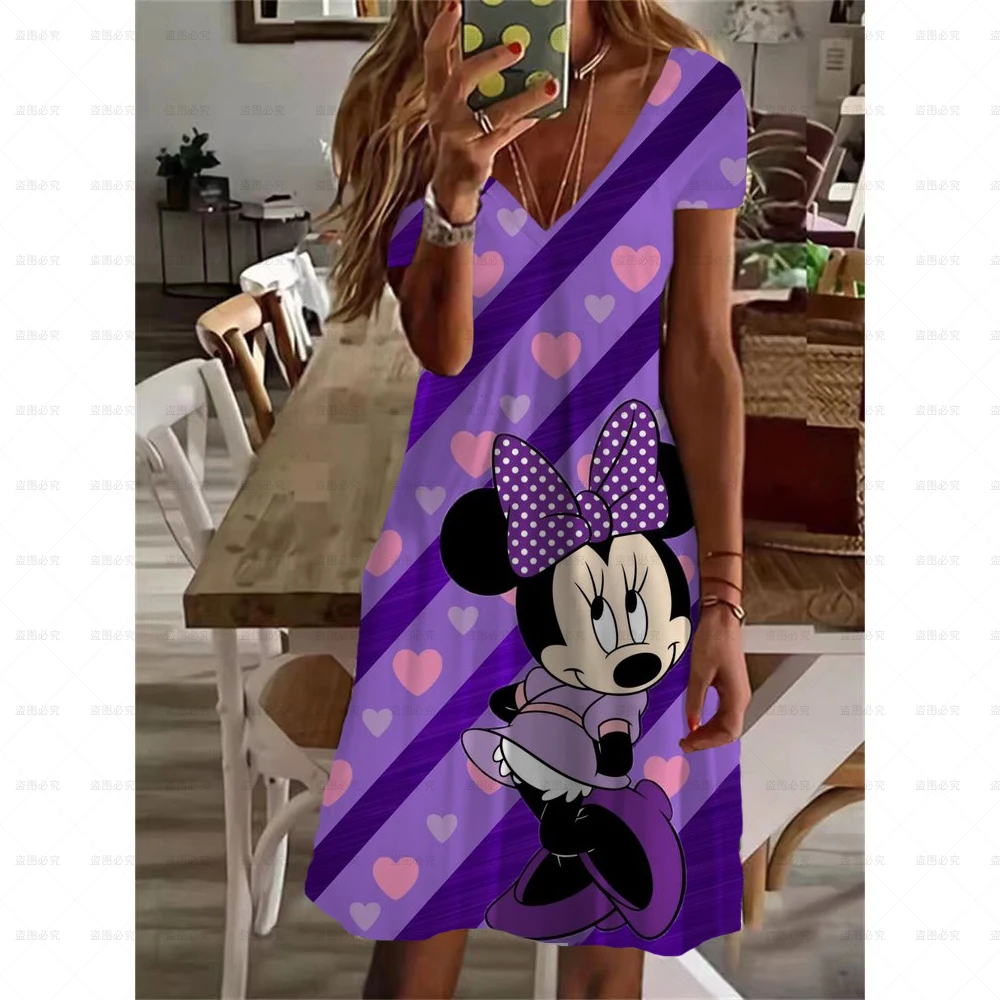 

Summer Fashion Women's A Line Dress V Neck Short Sleeves New Dress Disney-Mickey Print Knee Length Loosen Basic Female Dress