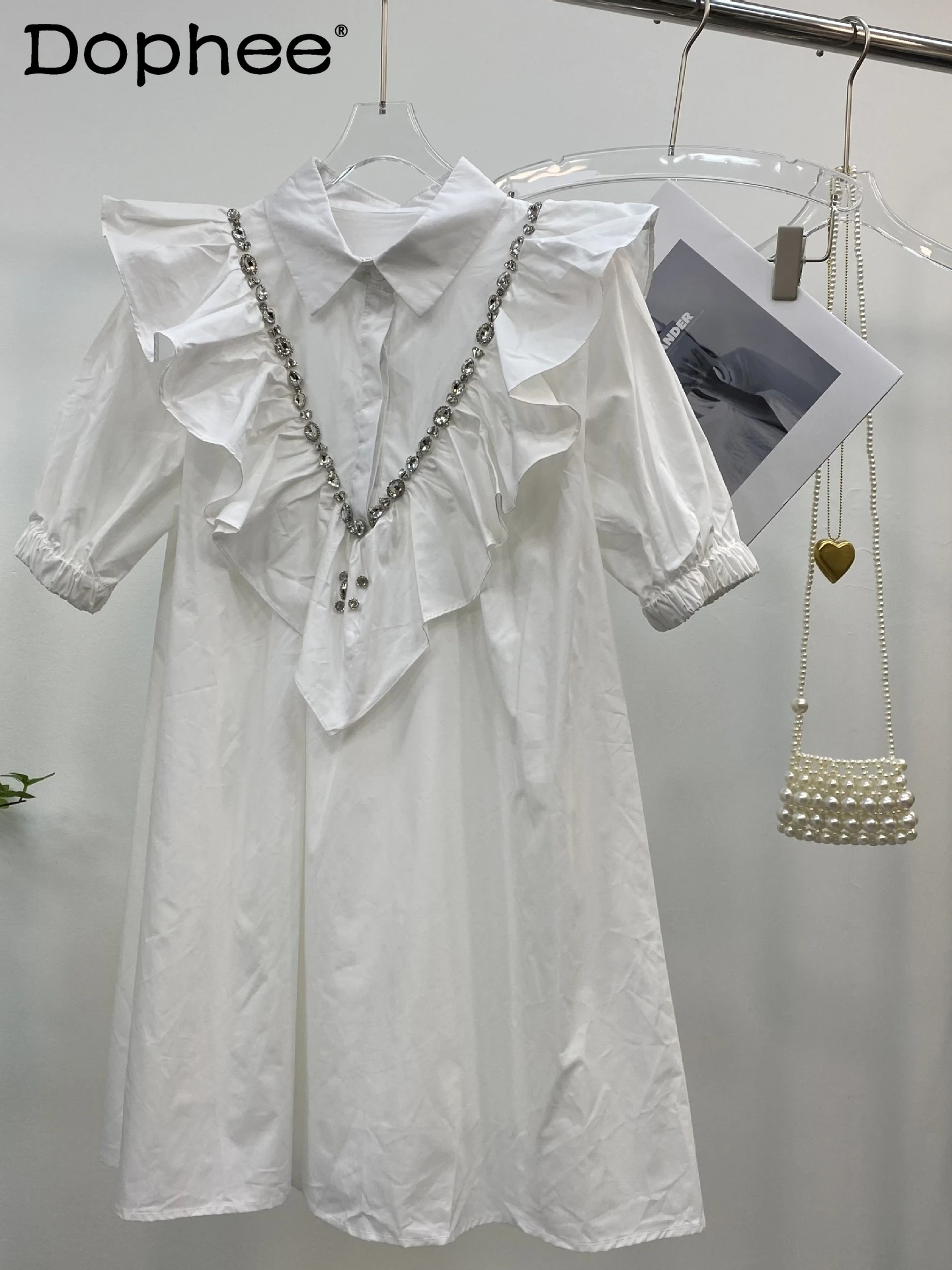 

2022 Summer New Hot Drilling Lapel Short-Sleeved Shirt Dress for Women Elegant Ruffles Loose Oversized White Mid-Length Blouse