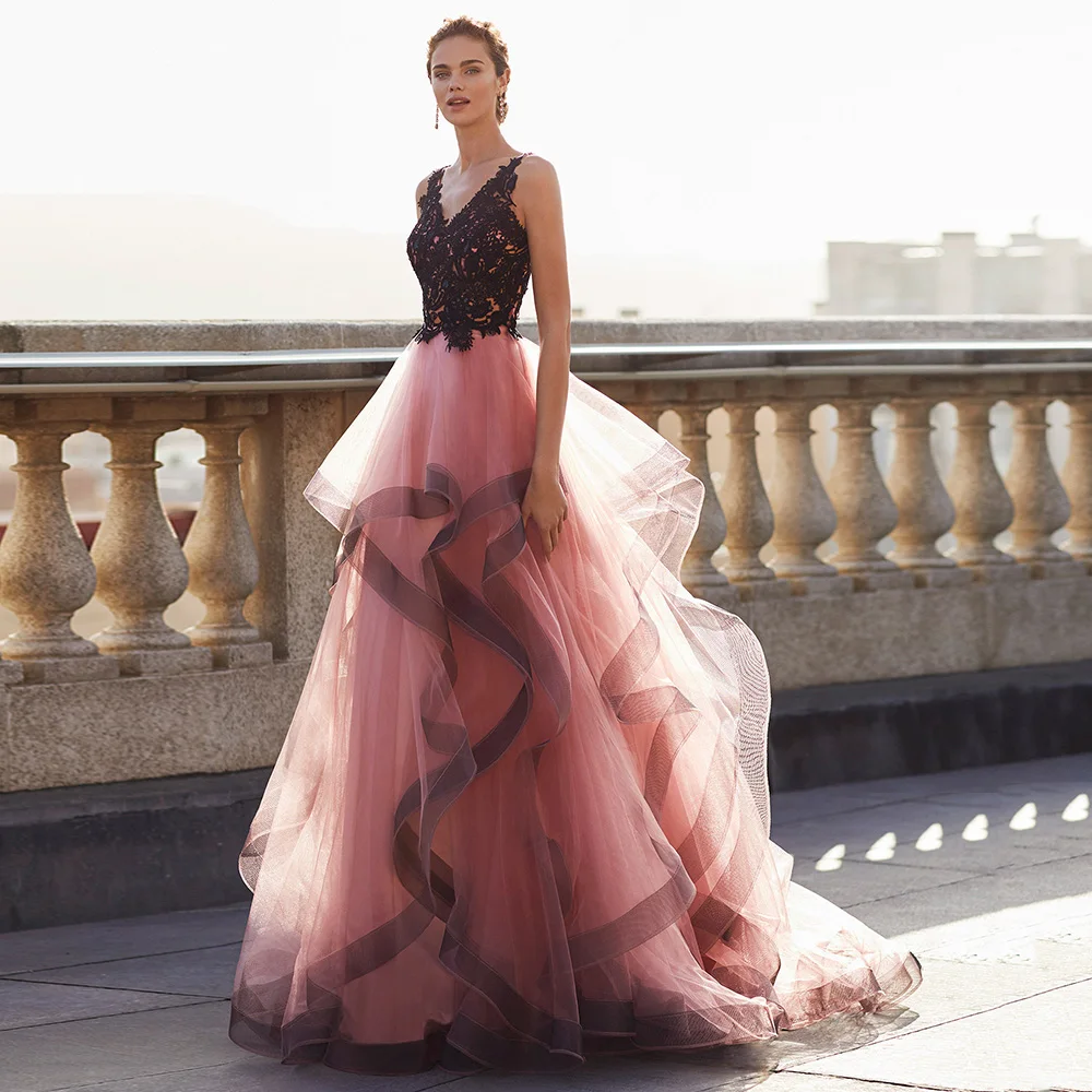 

Prom Dress 2022 Black Lace Pink Tulle A Line V Neck Evening Party Dress for Women Long Sleeveless Elegant Vestidos de Fiesta