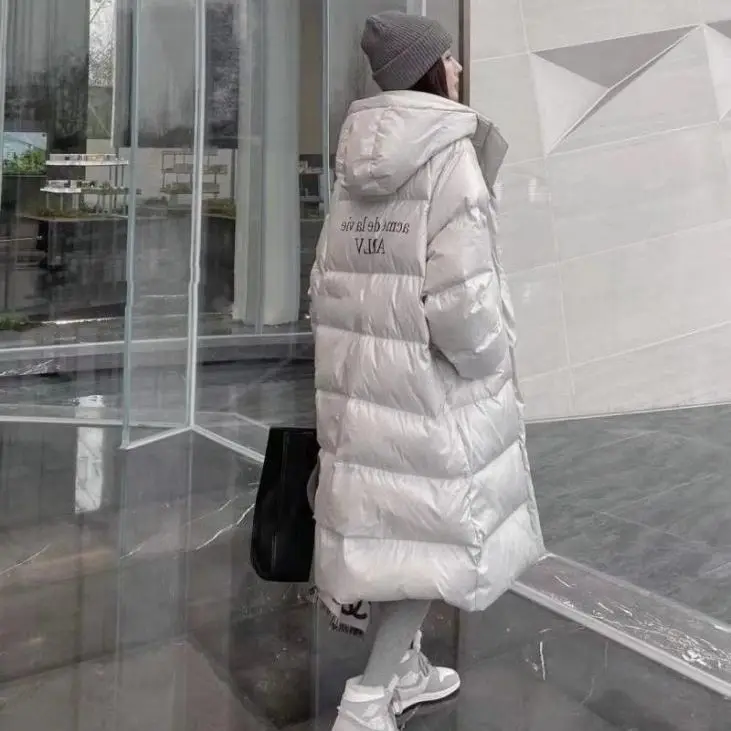 Duck Down Women's Windbreaker Over Coat 2022 New Korean Style Cyber Celebrity Loose Thick Over Knee White Duck Down Coat Pockets