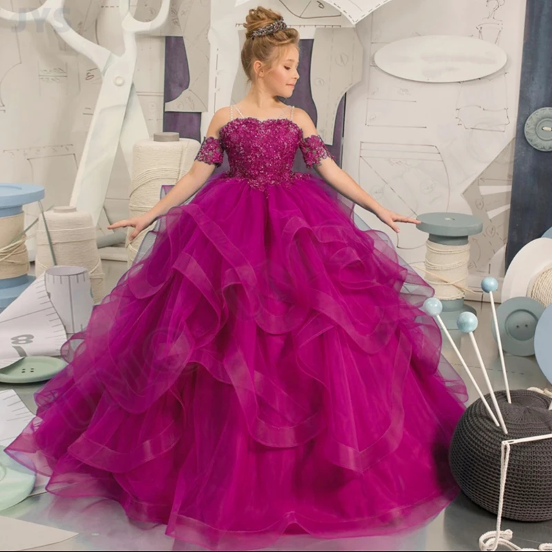 Длинные аппликации платье с цветочным узором для девочек бальное тюль открытыми