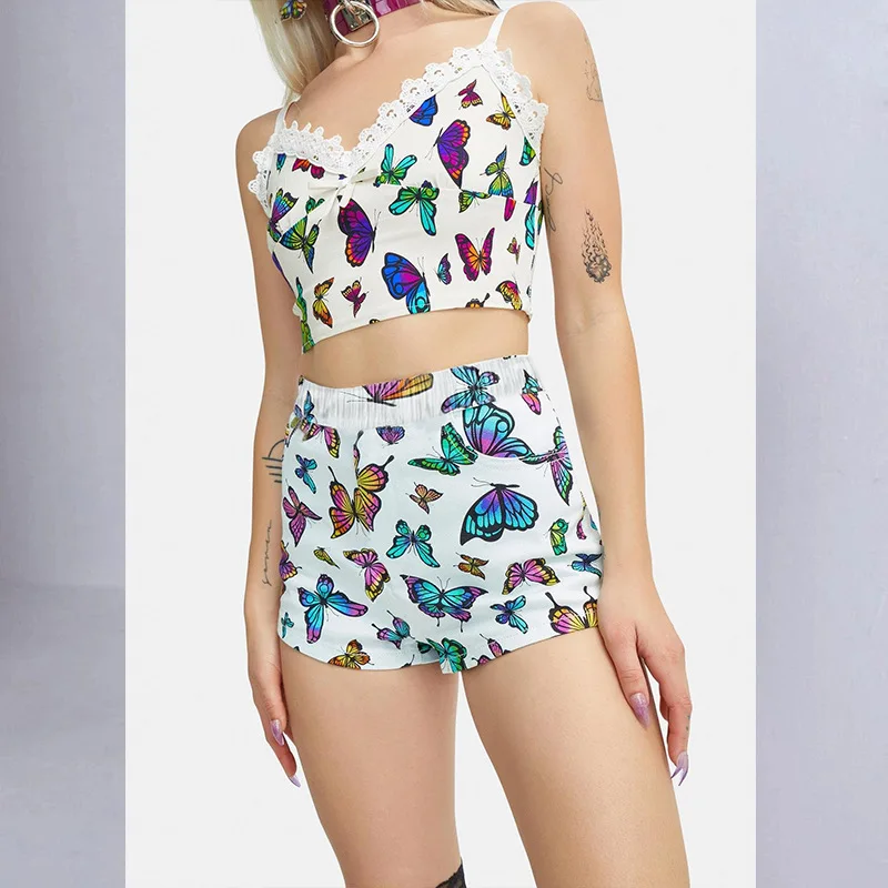 

2022 Ladies Pajama Set Cute Print Sleepwear Fashion Suit Silk V Neck Sexy Pijama Night Home Suits Wear Sleeveless Top and Shorts