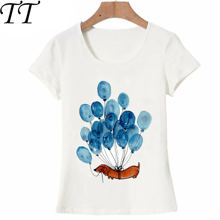 

Новая женская футболка с рисунком голубой таксы и воздушных шаров акварелью, повседневная женская футболка с коротким рукавом