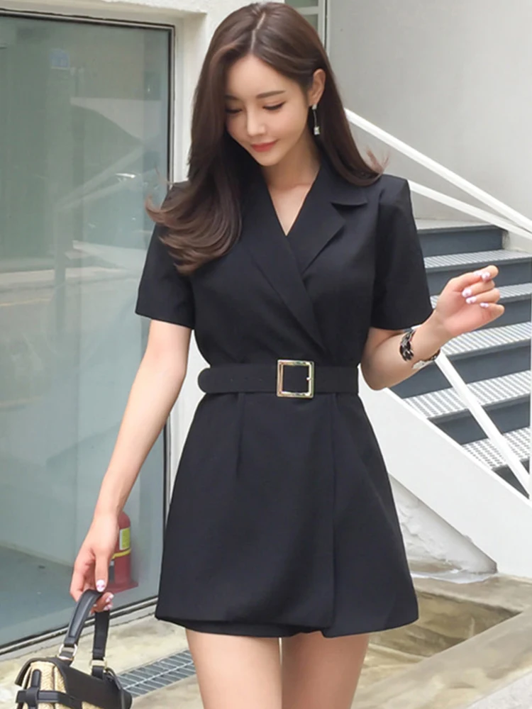 Модный элегантный женский комбинезон OL профессиональный черный пояс с коротким