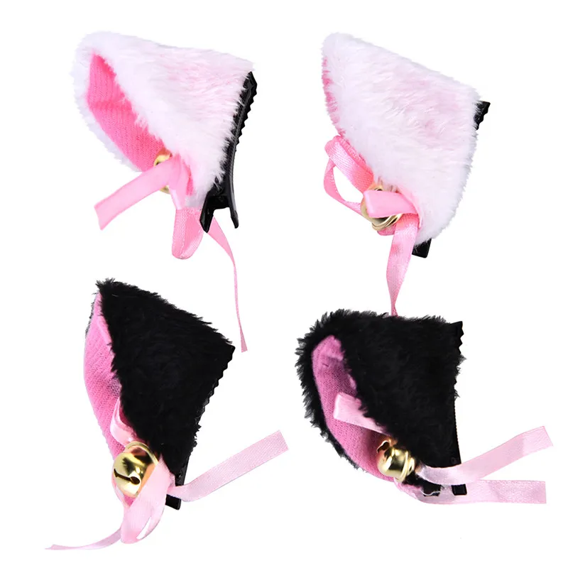1pair Lolita White Black Cat Ears with Bell Hair Clip Cosplay Party Fox Long Fur Costume Hair Clip Halloween Gift Hair Accessory