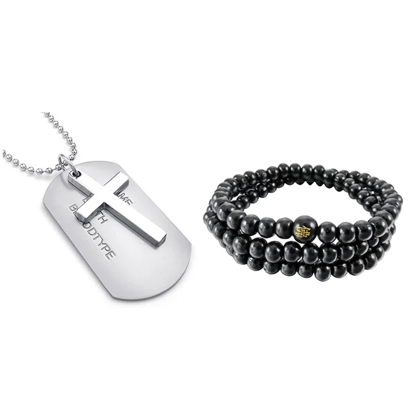 

Jewelry Men's Necklace, Army Style Cross Tags Dog Tag Alloy Pendant & 6Mm Wood Bangle Bracelet Tibetan Buddhist Sandal