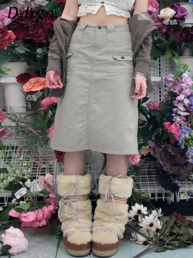 

Darlingaga Streetwear High Waist Cargo Skirt Women Casual Solid Pockets Y2K Retro Summer Midi Skirts Preppy Chic Aesthetic Basic