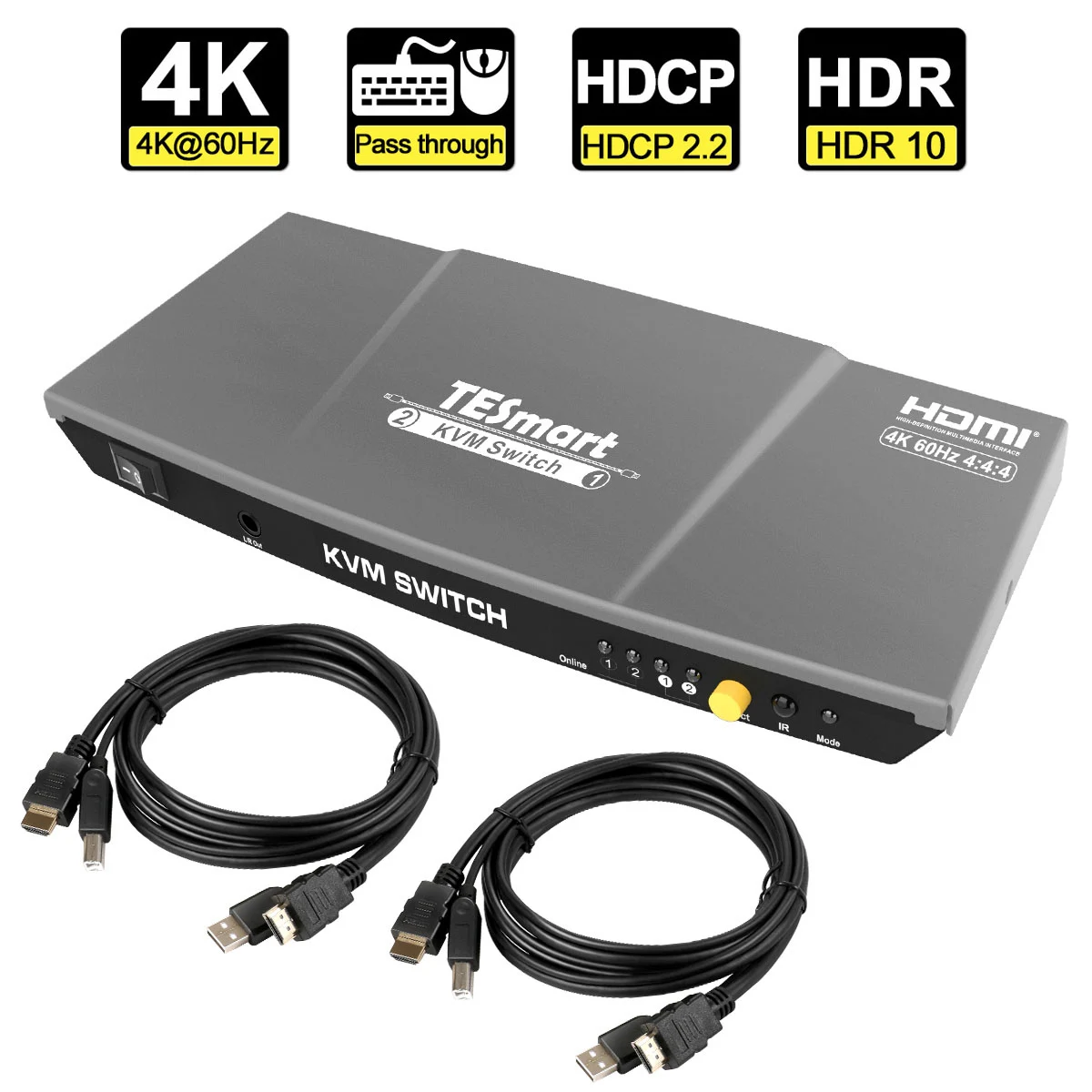 

TESmart KVM Switch 2 in 1 out 4K60Hz support EDID,USB2.0,Audio Out,Keyboard and Mouse pass through for 2 PC 1 Monitor