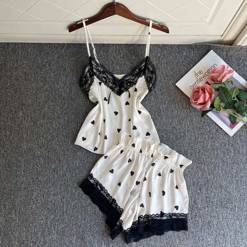 

Пижамный комплект Женский с принтом, пикантный топ на бретелях и шорты, Повседневная атласная нижнее белье, лето