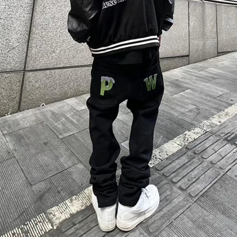 High Street Oversize Casual Denim Trousers Harajuku Washed Hip Hop Jean Pants Dog Print Straight Loose Jeans Mens Retro